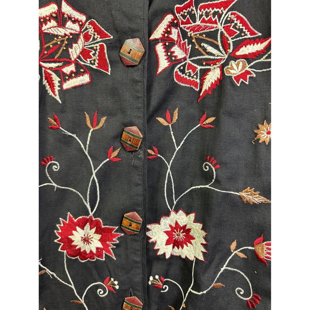 New Direction Women Black Flora Embroidered Jacket Wood Button Mandarin Colla 1X